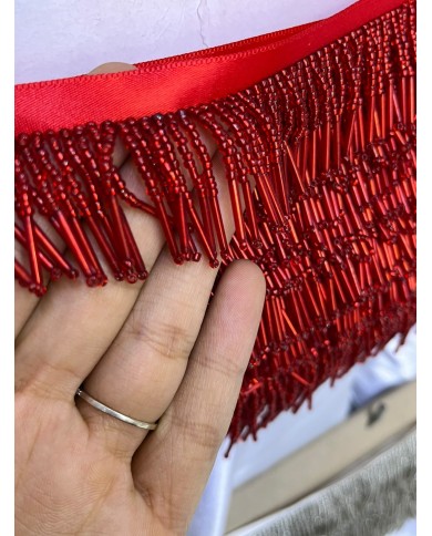 3 cm Boru Boncuklu Saçak Parlak Kırmızı 1 Metre