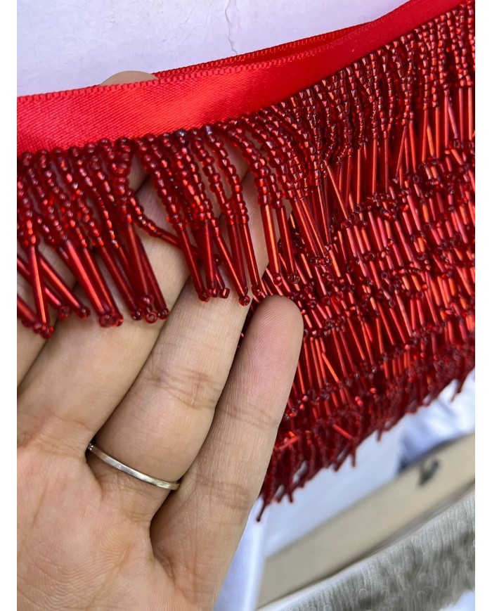 3 cm Boru Boncuklu Saçak Parlak Kırmızı 1 Metre