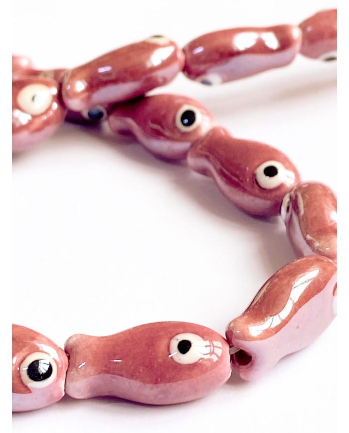 İpe Dizili Seramik Boncuk Pembe Balık 19mm - 1 Dizi