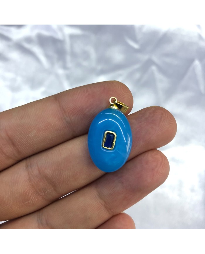 Okyanus Mavisi Dikdörtgen Taşlı Oval Akrilik Kolye ve Bileklik