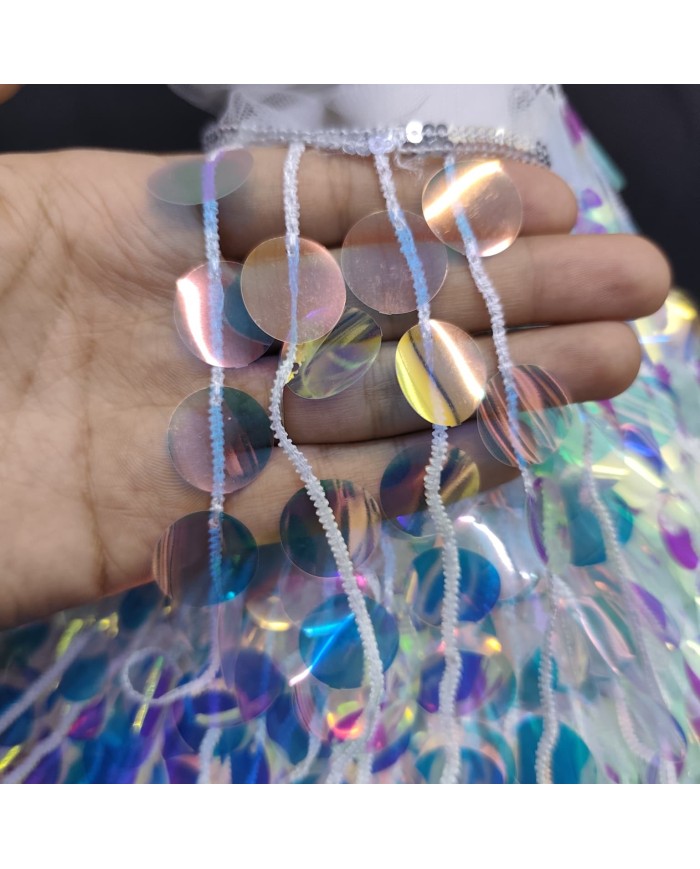 16 Cm Beyaz Şeritli Yuvarlak Hologram Pullu Saçak 1 Metre