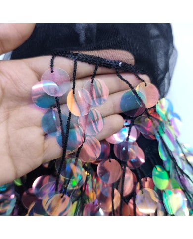 16 Cm Siyah Şeritli Yuvarlak Hologram Pullu Saçak 1 Metre