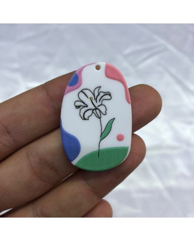 Beyaz Pastel Renkli Zambak Çiçeği Desenli Oval Aksesuar Ucu 1
