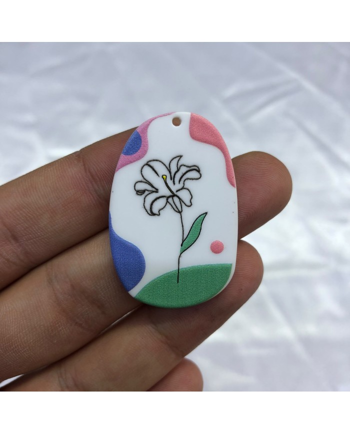Beyaz Pastel Renkli Zambak Çiçeği Desenli Oval Aksesuar Ucu 1