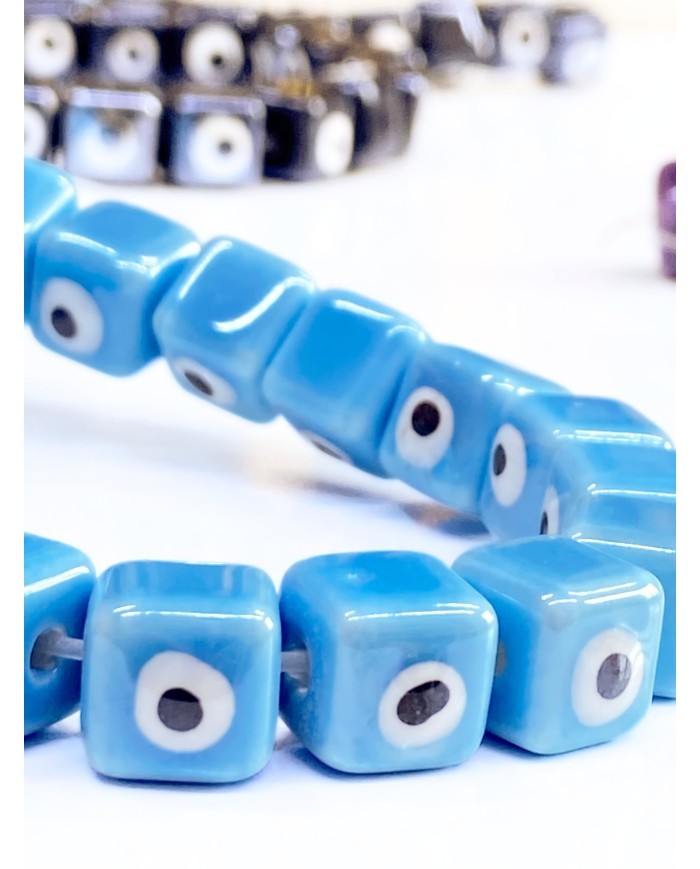 İpe Dizili Seramik Boncuk Mavi Nazar Boncuklu Küp 10mm - 1 Dizi