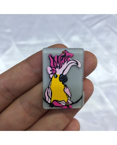 Gri Sarı Pembe Kakadu Papağanı Desenli Dikdörtgen Aksesuar Ucu
