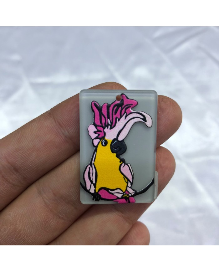 Gri Sarı Pembe Kakadu Papağanı Desenli Dikdörtgen Aksesuar Ucu