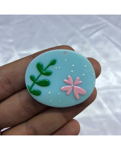 Bebek Mavisi Pembe Çiçek ve Yeşil Dal Desenli Yuvarlak Aksesuar