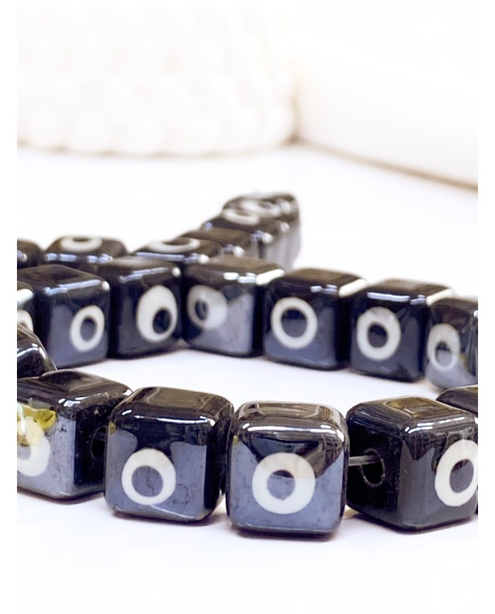İpe Dizili Seramik Boncuk Siyah Nazar Boncuklu Küp 10mm - 1 Dizi