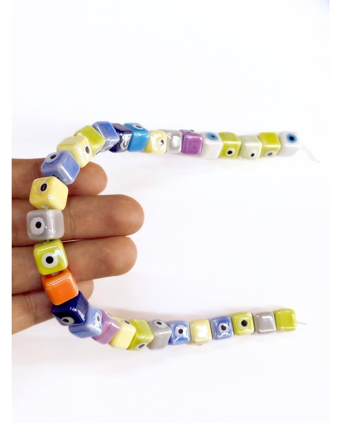 İpe Dizili Seramik Boncuk Renkli Nazar Boncuklu Küp 10mm - 1 Dizi