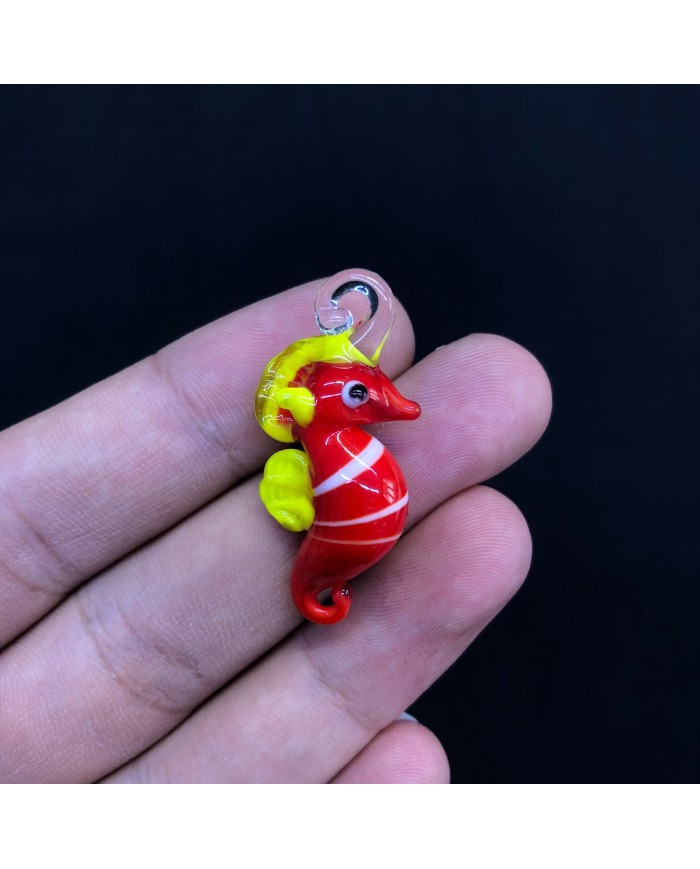 Opak Kırmızı Limon Sarısı Beyaz Çizgili Denizatı Figürlü Cam
