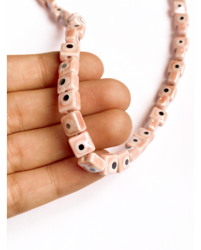 İpe Dizili Seramik Boncuk Pembe Nazar Boncuklu Küp 8mm - 1 Dizi