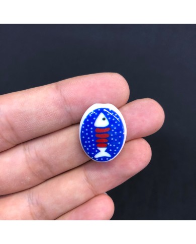 Kobalt Mavisi Kırmızı Beyaz Balık Kılçığı Desenli Oval Seramik