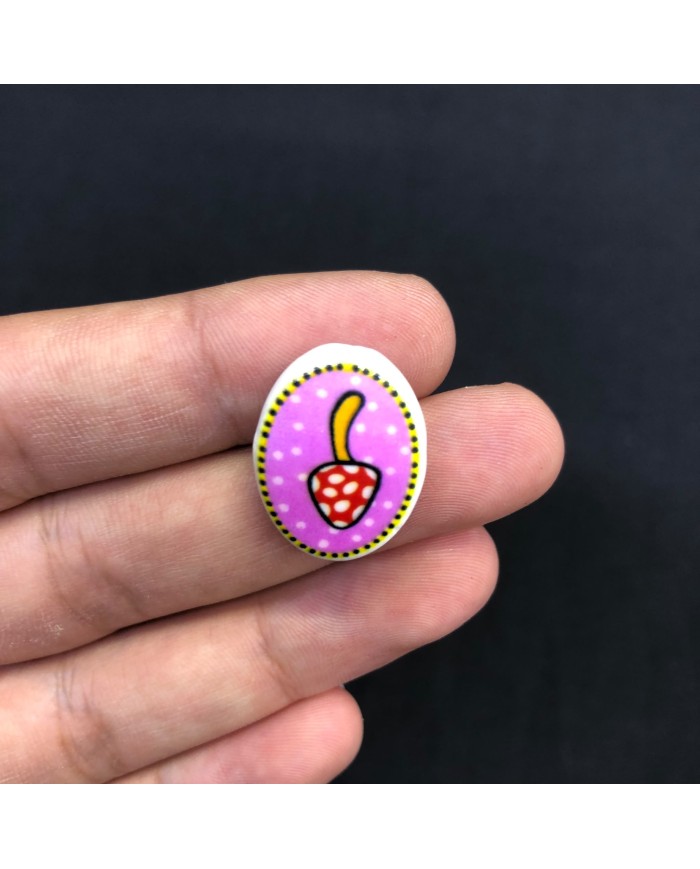 Fuşya Pembe Kırmızı Meyve Motifli Oval Seramik Boncuk 1 Adet