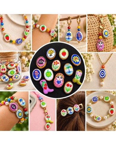 Fuşya Pembe Kırmızı Meyve Motifli Oval Seramik Boncuk 1 Adet