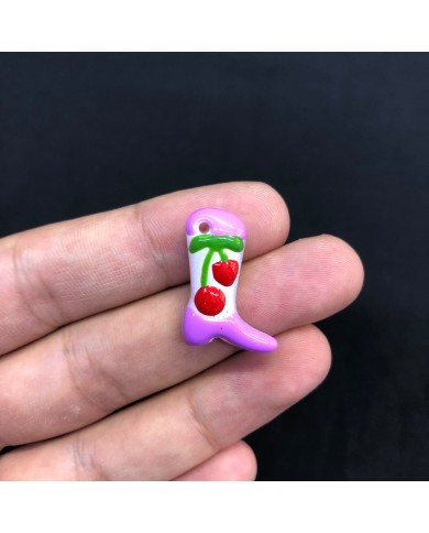 Lila Pembe Beyaz Kiraz Desenli Çizme Seramik Boncuk 1 Adet