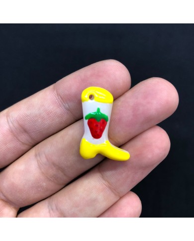 Limon Sarısı Beyaz Çilek Desenli Çizme Seramik Boncuk 1 Adet