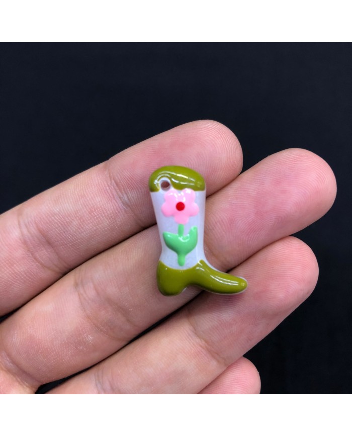 Zeytin Yeşili Beyaz Pembe Çiçek Desenli Çizme Seramik Boncuk 1