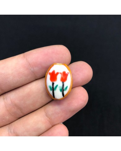 Beyaz Zeminli Kırmızı Çift Lale Desenli Oval Seramik Boncuk 1