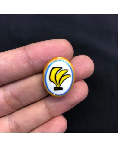 Beyaz Zeminli Sarı Yelpaze Yaprak Desenli Oval Seramik Boncuk 1