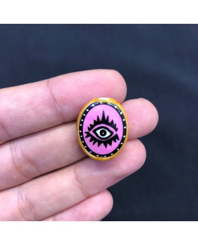 Fuşya Pembe Siyah Kirpikli Göz Desenli Oval Seramik Boncuk 1