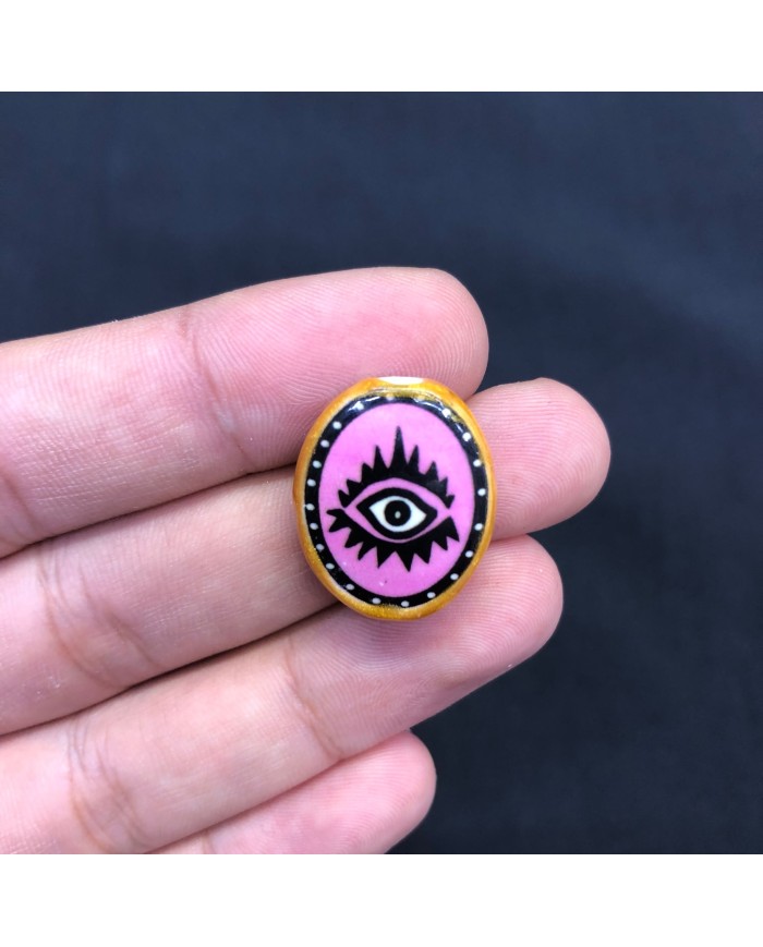 Fuşya Pembe Siyah Kirpikli Göz Desenli Oval Seramik Boncuk 1