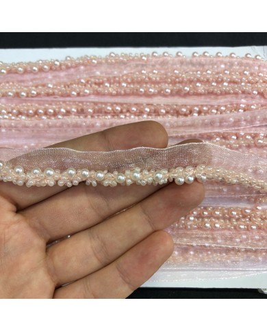 Pudra Pembe Krem İnci Görünümlü Boncuklu Organze Uç Şerit 1