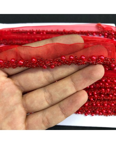 Canlı Kırmızı İnci Görünümlü Yuvarlak Boncuklu Organze Uç Şerit