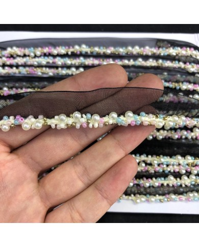 Siyah Krem İnci ve Pastel Renkli Boncuklu Organze Uç Şerit 1