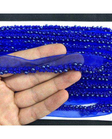 Saks Mavisi İnci Görünümlü Boncuklu Organze Uç Şerit 1 Metre