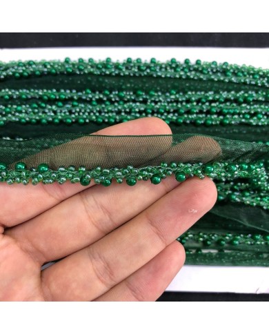 Zümrüt Yeşili İnci Görünümlü Boncuklu Organze Uç Şerit 1 Metre