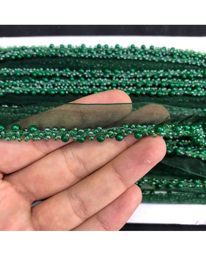 Zümrüt Yeşili İnci Görünümlü Boncuklu Organze Uç Şerit 1 Metre