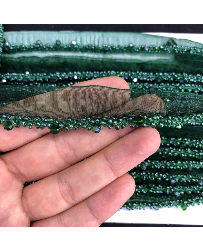 Koyu Şişe Yeşili Fasetli Boncuklu Organze Uç Şerit 1 Metre