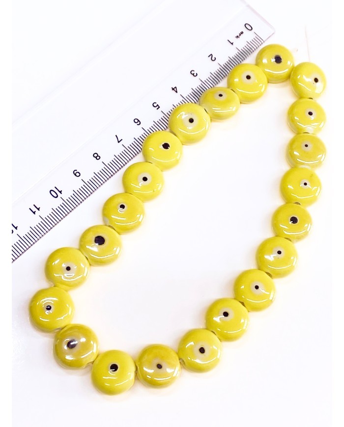 İpe Dizili Seramik Boncuk Sarı Yuvarlak Yassı 15mm - 1 Dizi