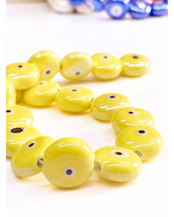 İpe Dizili Seramik Boncuk Sarı Yuvarlak Yassı 15mm - 1 Dizi