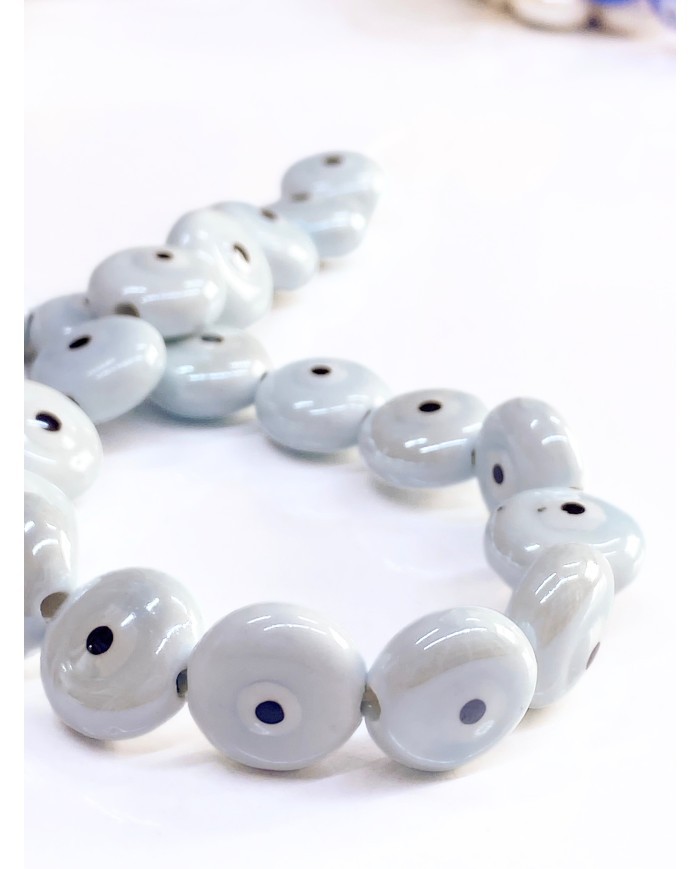 İpe Dizili Seramik Boncuk Beyaz Yuvarlak Yassı 15mm - 1 Dizi