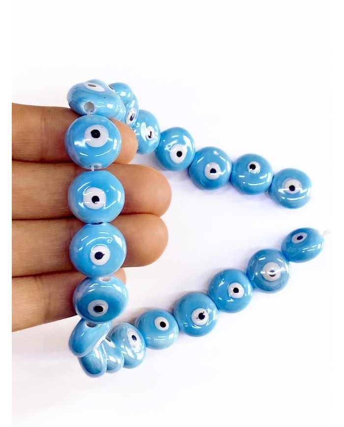 İpe Dizili Seramik Boncuk Mavi Yuvarlak Yassı 15mm - 1 Dizi