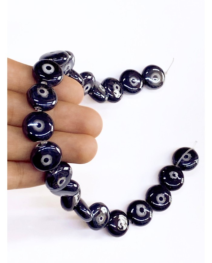 İpe Dizili Seramik Boncuk Siyah Yuvarlak Yassı 15mm - 1 Dizi