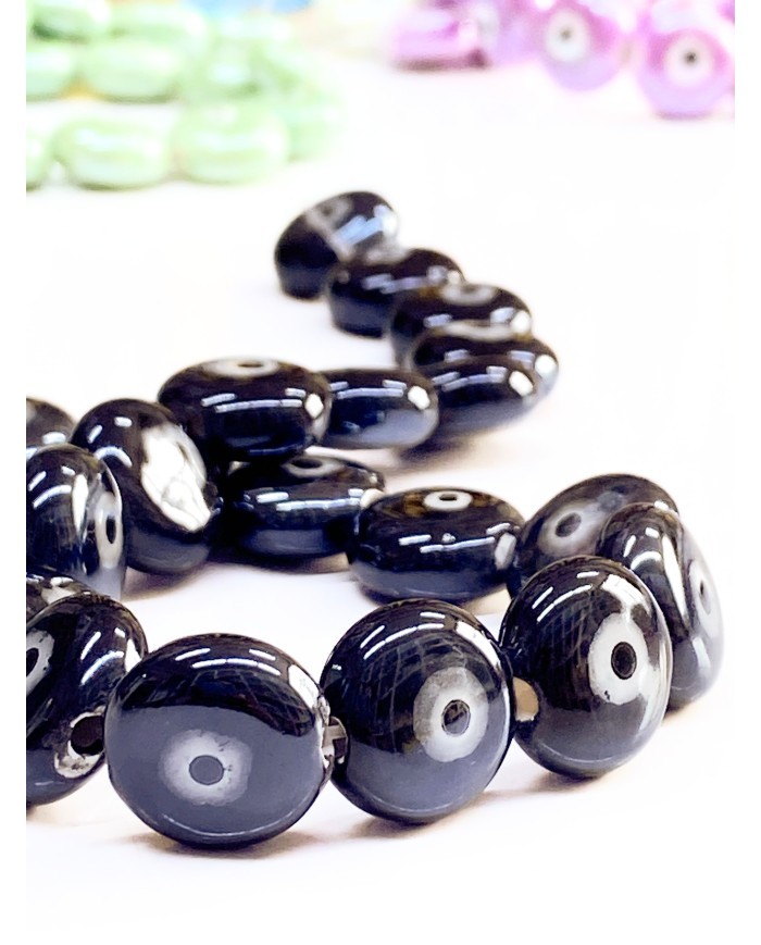 İpe Dizili Seramik Boncuk Siyah Yuvarlak Yassı 15mm - 1 Dizi