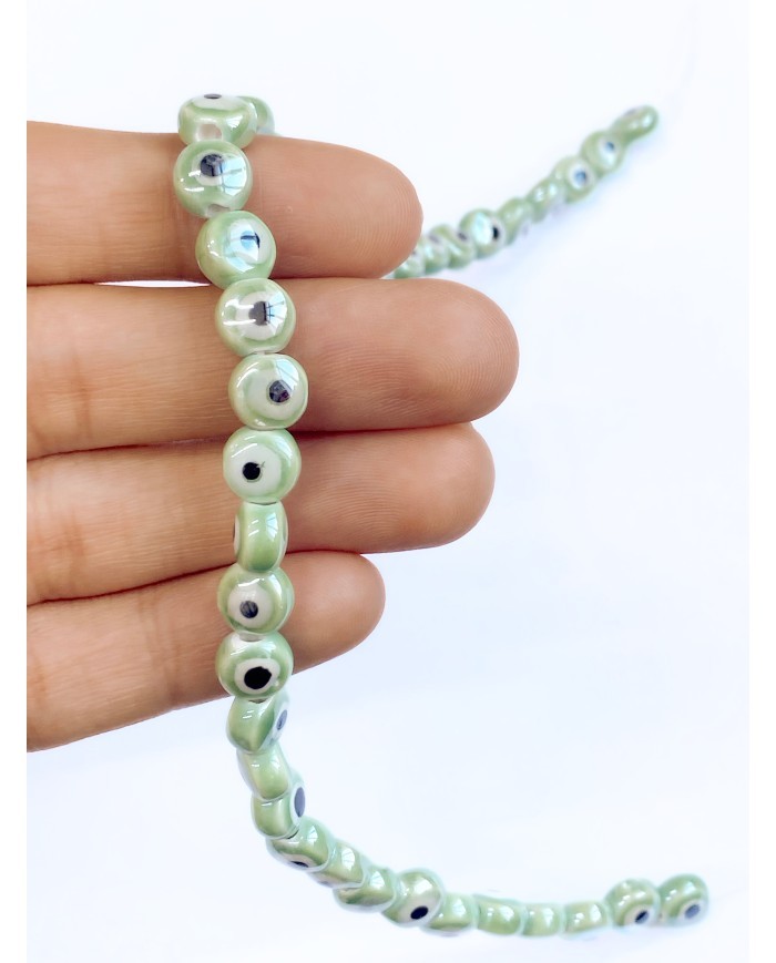 İpe Dizili Seramik Boncuk Yeşil Nazar Boncuğu Yuvarlak 7mm - 1 Dizi