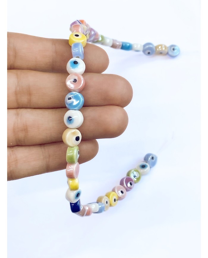 İpe Dizili Seramik Boncuk Renkli Nazar Boncuğu Yuvarlak  7mm - 1 Dizi