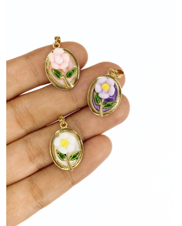 Pirinç Zirkon Mineli Oval Çiçek Figürlü Kolye Bileklik Ucu Charm Altın Mor 1 Adet