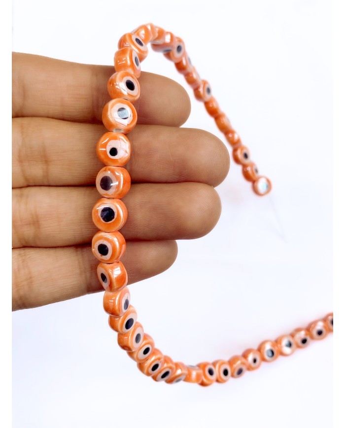 İpe Dizili Seramik Boncuk Turuncu Nazar Boncuğu Yuvarlak 7mm - 1 Dizi