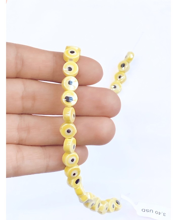 İpe Dizili Seramik Boncuk Sarı Nazar Boncuğu Yuvarlak 7mm - 1 Dizi