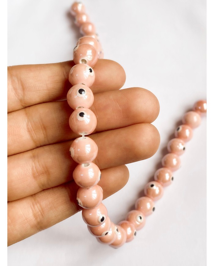 İpe Dizili Seramik Boncuk Pembe Nazar Boncuğu Top 9mm - 1 Dizi