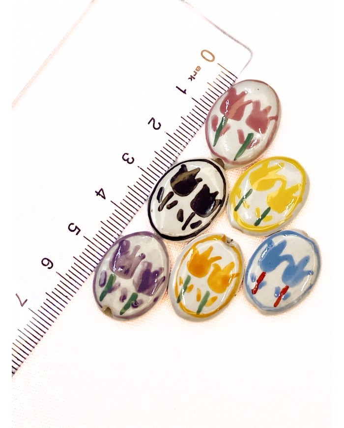 Seramik Boncuk Pembe Lale Desenli 21mm