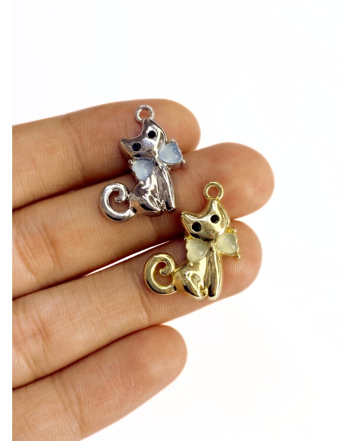 Pirinç Zirkon Taşlı Kedi Kolye Bileklik Ucu Charm Gümüş 1 Adet