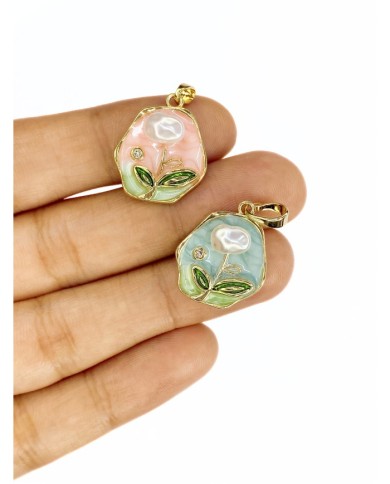 Pirinç Zirkon Mineli Plaka İnci Çiçek Figürlü Kolye Bileklik Ucu Charm Altın Mavi 1 Adet