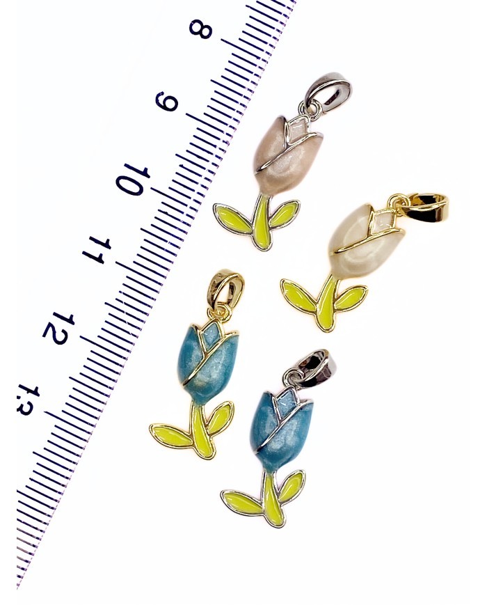 Pirinç Zirkon Mineli Lale Kolye Bileklik Ucu Charm Altın Mavi 1 Adet