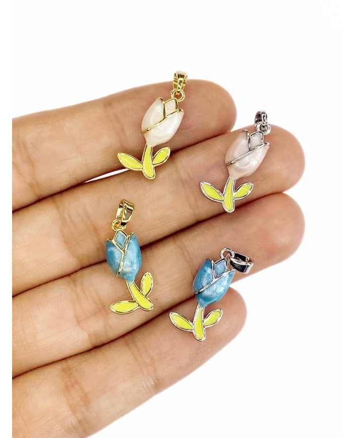 Pirinç Zirkon Mineli Lale Kolye Bileklik Ucu Charm Gümüş Mavi 1 Adet